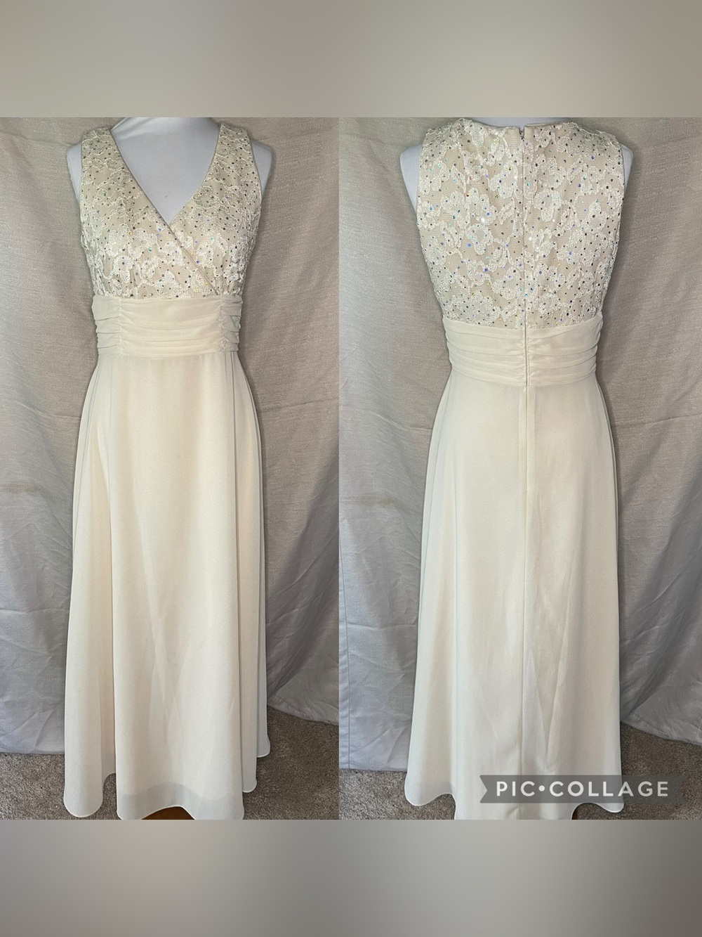 R&M Richards Ivory Sequined Lace V-Neck Gown